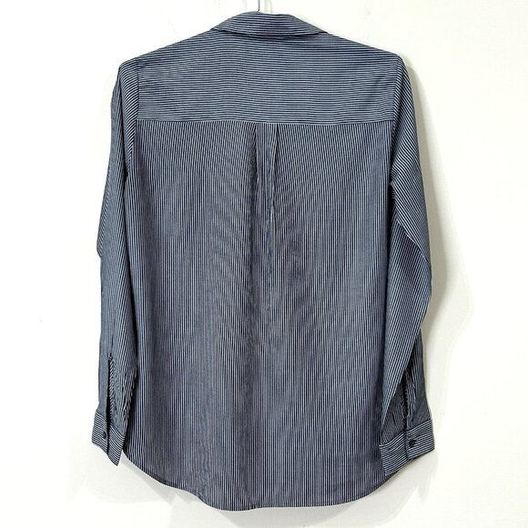 EXPRESS Blue Pinstripe Button Up Shirt Small Petite 3/4 Sleeve Tabs Tunic - Picture 2 of 10